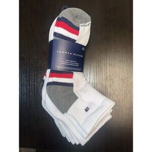 Tommy Hilfiger Mens 6-Pair Athletic Cushion Quarter Socks  Flag Logo White